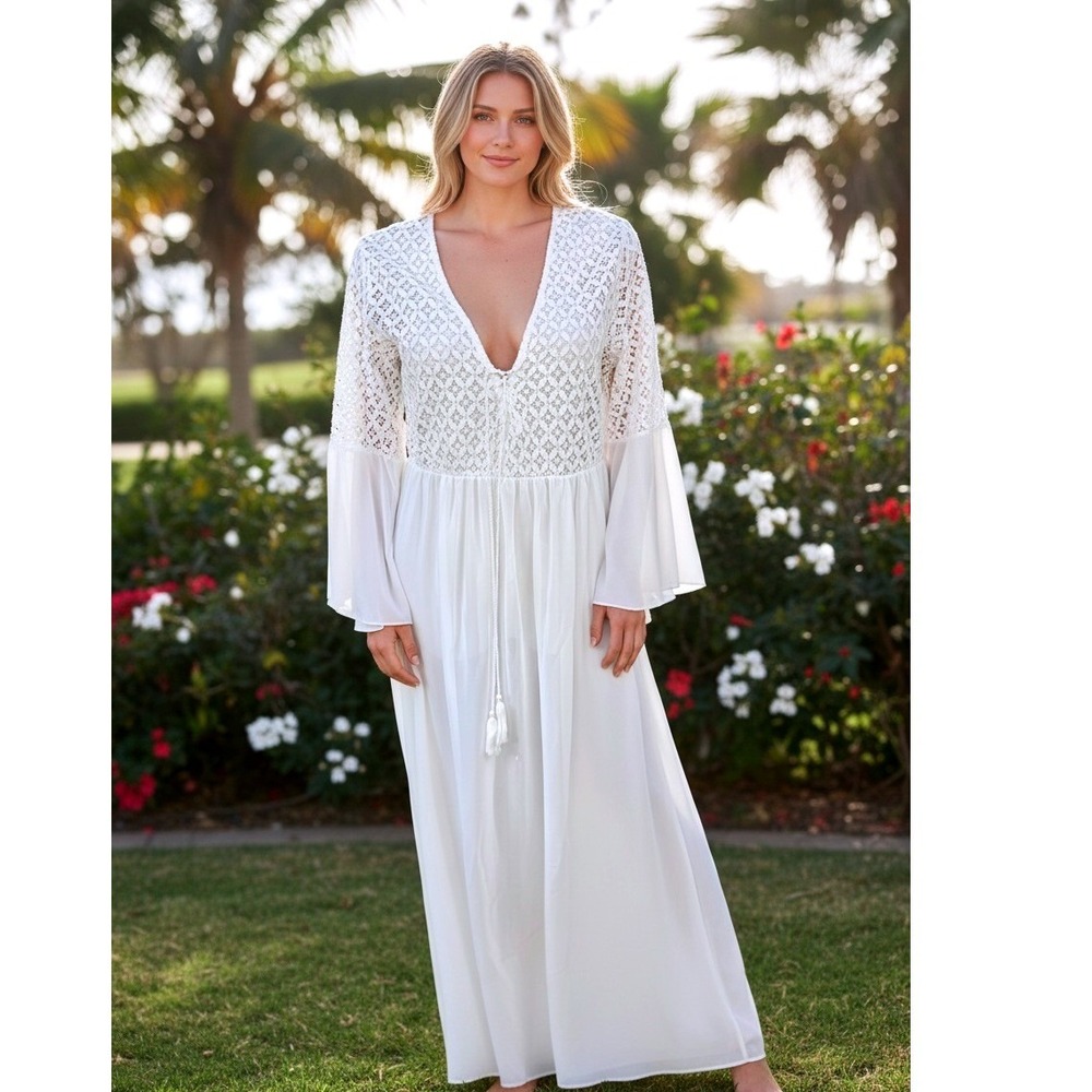 Rustik Roots Boutique SX OS NWT White Lace Chiffon Maxi Dress Bell Sleeves